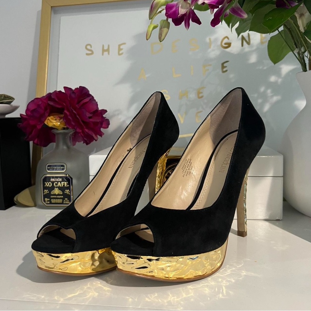 Elegant Black and Gold Enzo Angiolini Suede Peep-Toe Heels
